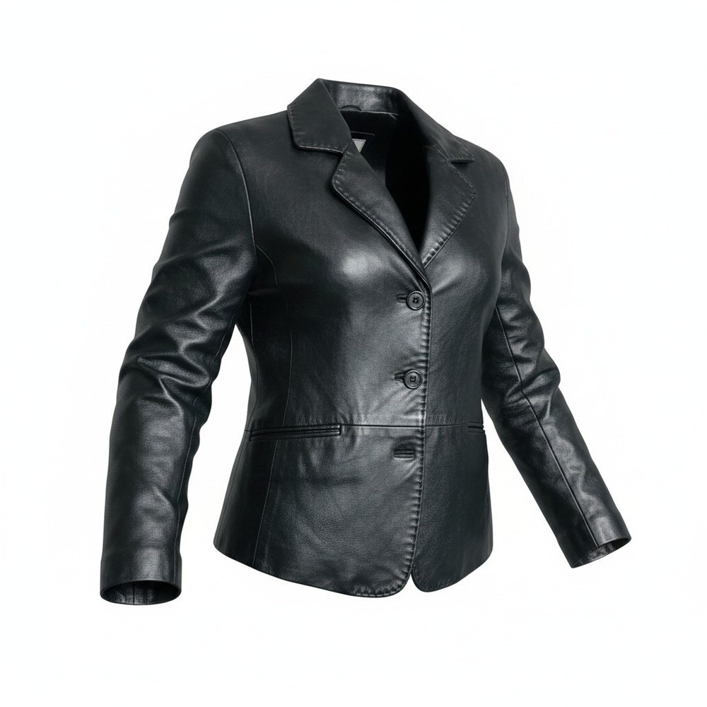 Saguaro Womens Black Genuine Leather Blazer Jacket Size M 3-Button Tailored